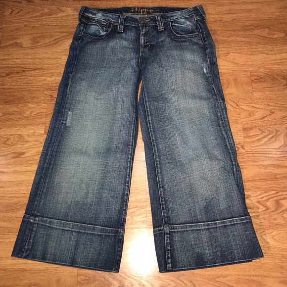 Denim - Hippie Distressed Flare Capris Rhinestones Size 30